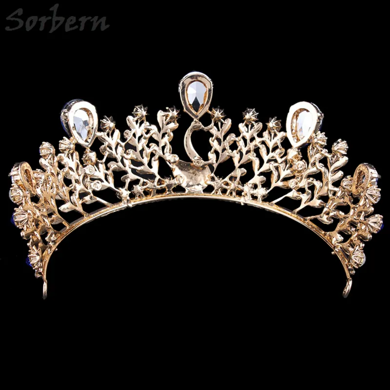 Guldlegering Royal Blue Rhinestones Crown Headpiece för brudar Quinceanera Vintage Luxury Tiaras och kronor Bröllopsfesttillbehör