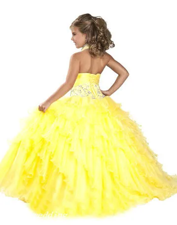 Vestito da spettacolo ragazza gialla carina Principessa Halter Perline Ruffles Party Cupcake Prom Dress For Short Girl Pretty Dress For Little Kid