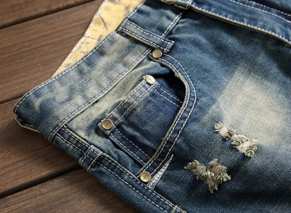 Avrupa Tarzı Erkekler Jeans Delikler Frazzle Jeans Mens Casual Leisure Denim Uzun Pantolon Açık Mavi