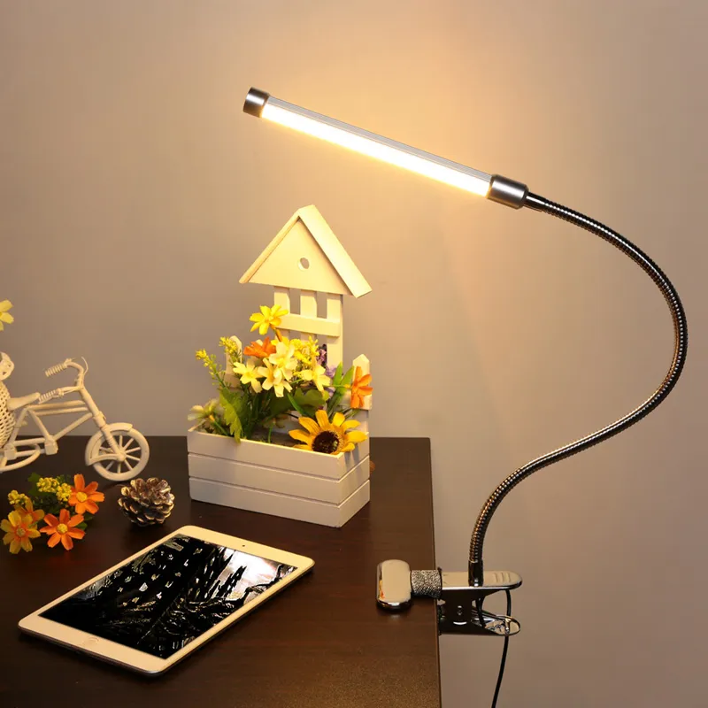 LED -lezing Oogbescherming Desklamp met clip twee niveau helderheid schakelaar dimmer tafellampen, zilver 1 stks/lot