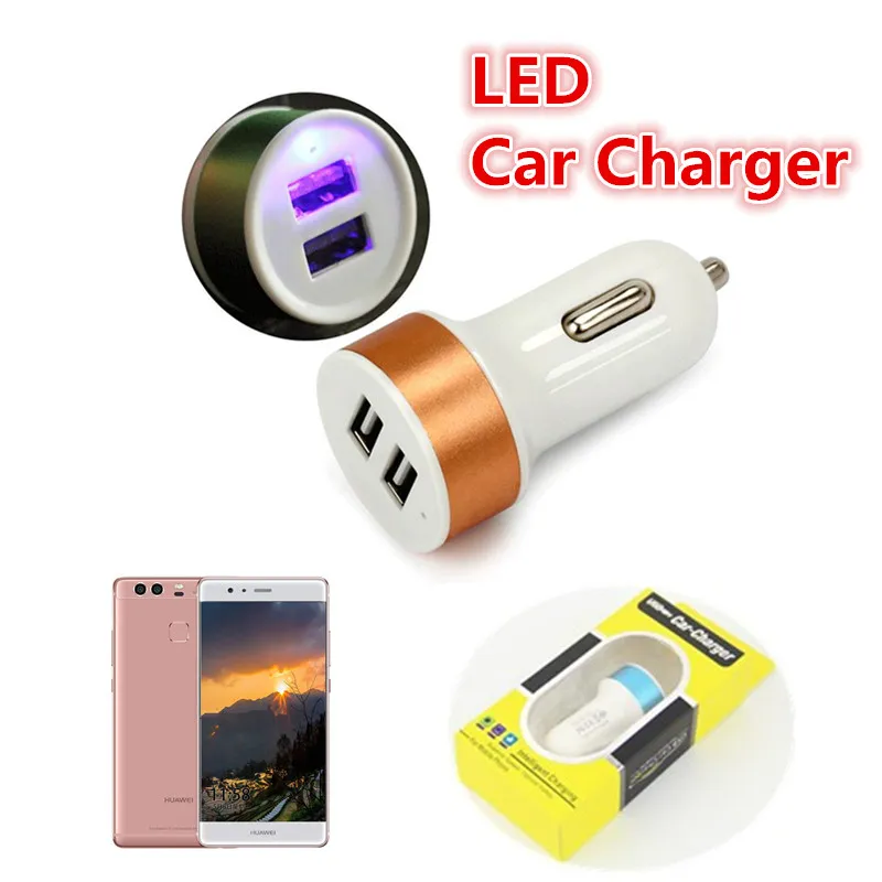 LED Çift USB Araç Şarj Evrensel 2.1A Alüminyum Alaşım Hızlı Şarj Araç Adaptörü Için SamsungS8 S8plus ipod Tablet PC Perakende Kutusu Ile