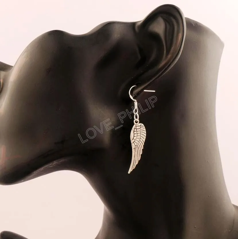 Angel Wing Dangle Candelier Örhängen 925 Silver Fish Ear Hook / E084 46.5x9.2mm