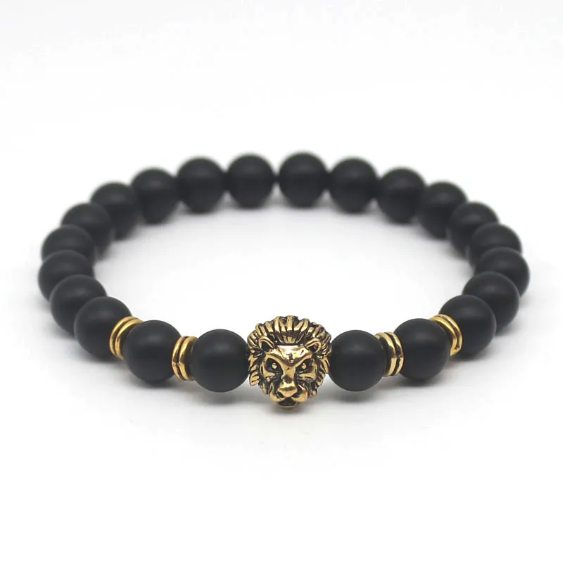 Groothandel leeuw hoofd kralen tribunes armbanden sieraden zwarte lava stenen armband voor mannen vrouwen