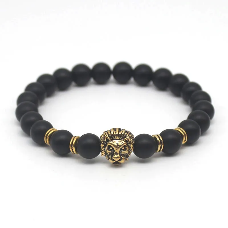 Venta al por mayor de pulseras con cuentas de cabeza de león, joyería, pulsera de piedra de Lava negra para hombres y mujeres