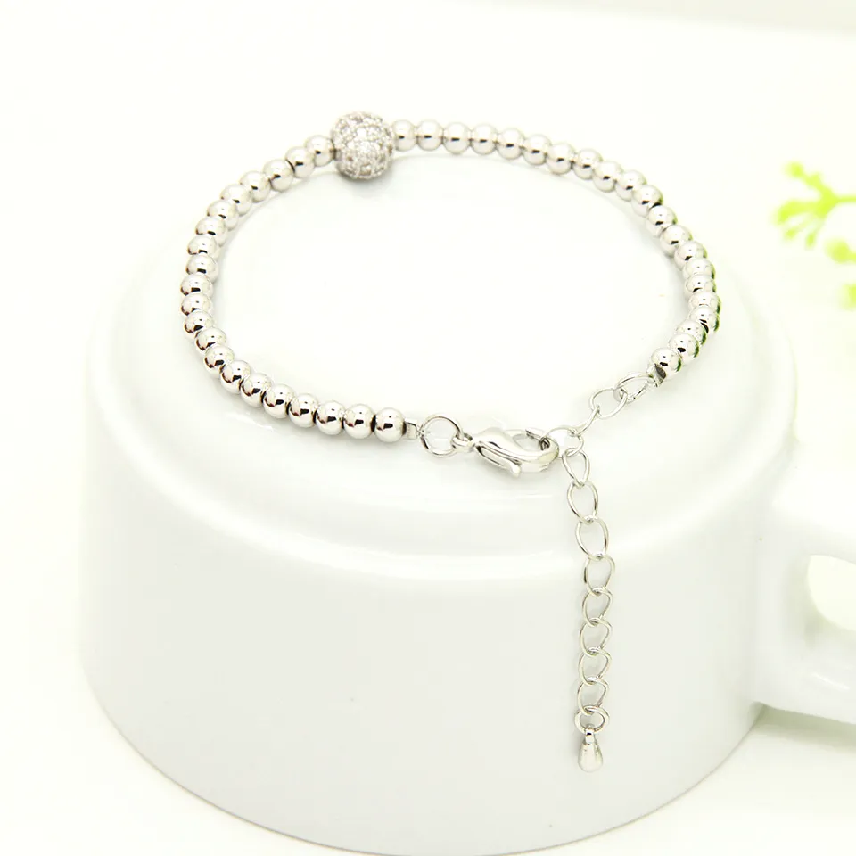4mm Real Gold and Silver Plated Copper Beads with 8mm Clear Cz Beads Lobster Chain Bracelet Wholesale 