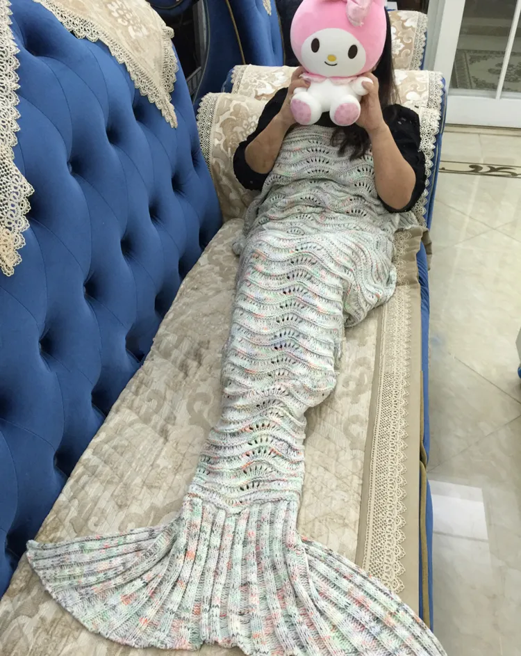 Fale Mermaid Koce 180 * 90cm Fale Kształt Mermaid Ogon Koc Handmade Szydełka Sofa Śpiwór Syrenka Sypial Torby świąteczne prezent