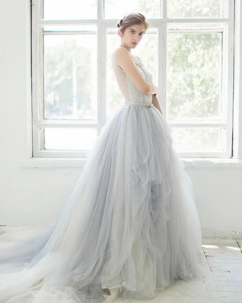 Stunning 2017 Ombre Tulle Beach Wedding bridal shower dress with Lace Applique, Beaded Scoop Neck, Sleeveless Design, Tiered Ruffles, and Sweep Train