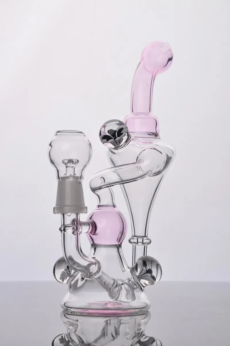 Pink Recycler Bongs Flower Decor Chamber Oil Dab Rig Hand Blown Cone Base Glass Water Pipes 14 mm Glass Bowl 