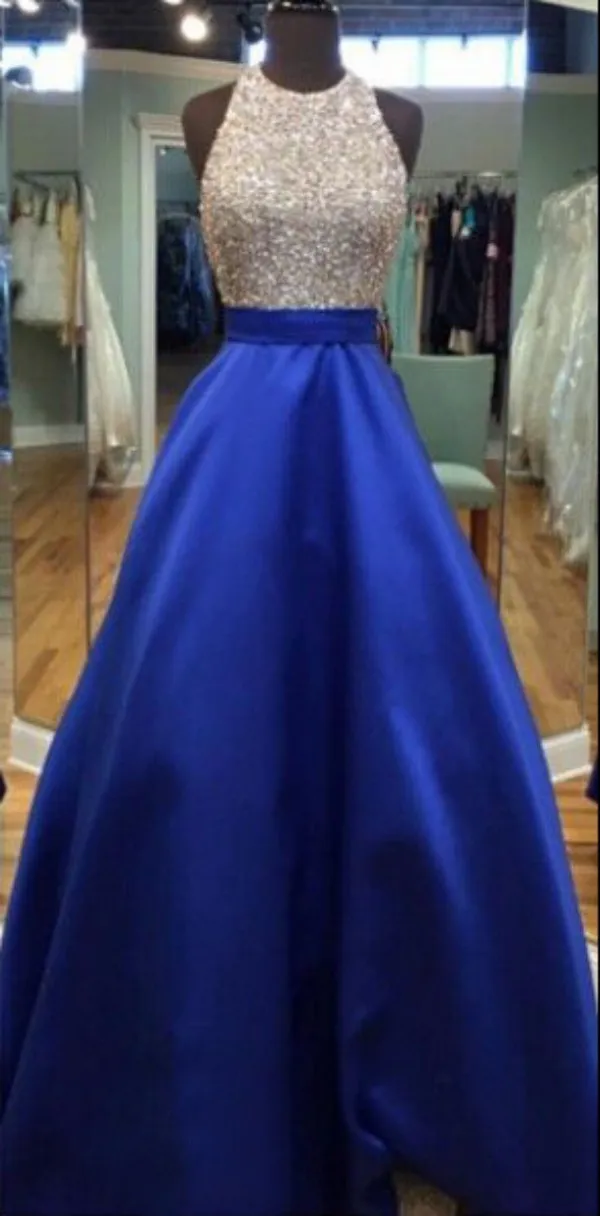 Sparkly Royal Blue Prom Dress Long Formal A Line Halter Beaded Top Floor Length Evening Party Wear Sleeveless Cheap High Quality