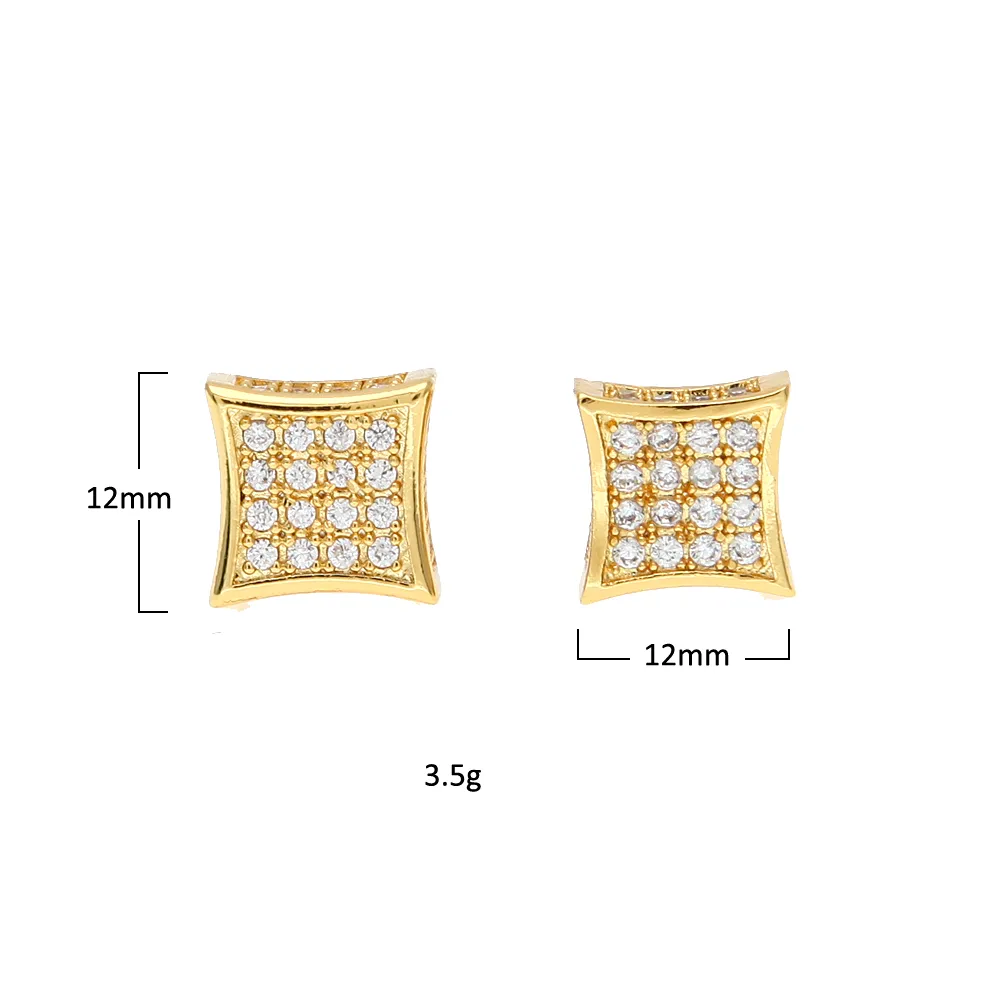 Men Luxury Earings Full Zirconia CZ Stud Earrings Trendy Top Quality Gold Silver Color 1212mm Men Women Punk Brincos4717721