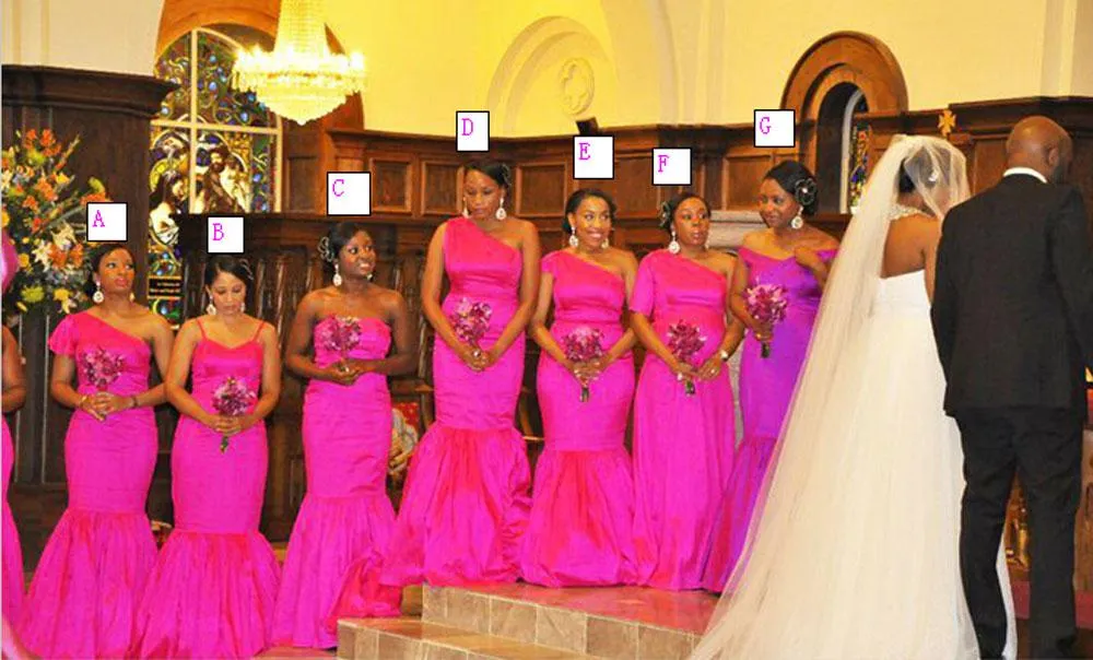 7 stylów African Tradycyjne Druhna Dresses Fuksja Długa Elastyczna Satyna Długa Formalna Maid of Honor Party Suknie wieczorowe dla każdego kształtu ciała