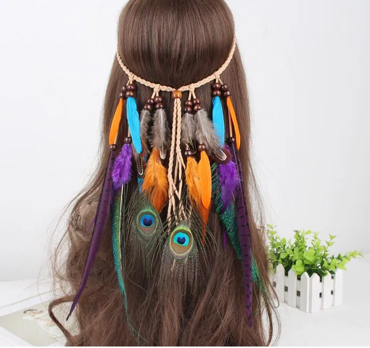 Fashion Feather Leather Rope Wood Beads Colourful Party Cosplay Danceing Headbands Headwears Bohemian Hair band