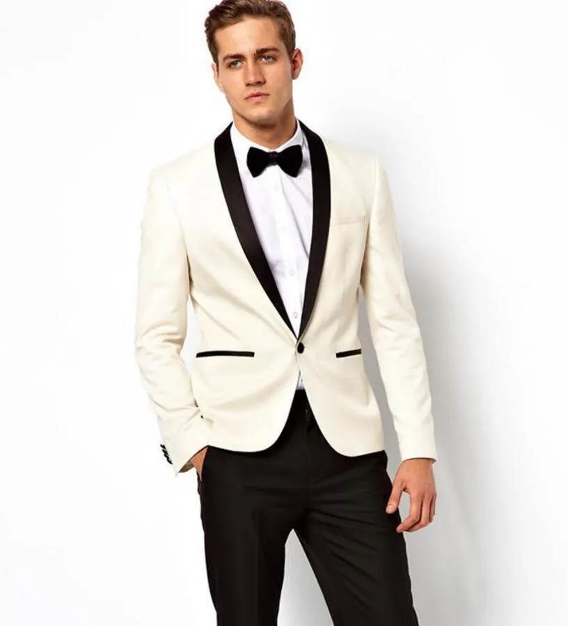 Vit Elfenben Bröllopskläder för män Tuxedos Svart Satin Sjal Lapel Mens Suits Slim Fit Groomsmen Passar Två Piece Suit