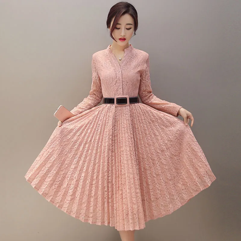Wholesale- 2017新しい春のファッション韓国風ロングドレスシングルブレスト長袖レースプリーツバッキングドレス女性