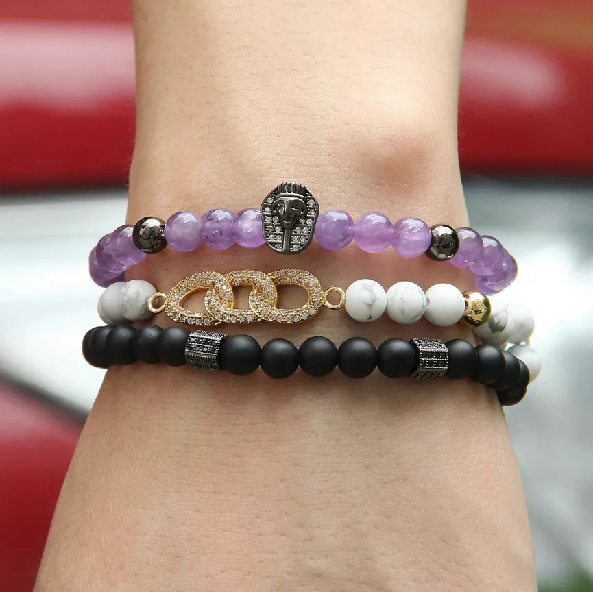 Ny ankomst Atolyewolf Kvinnor Smycken Partihandel 6mm Naturlig Ametyst Sten med Tutankhamun CZ Beads Pharaon Armband