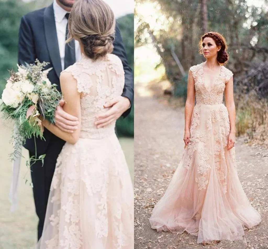 Blush Pink Lace Applique Tulle Sheer Wedding Dresses Summer Beach