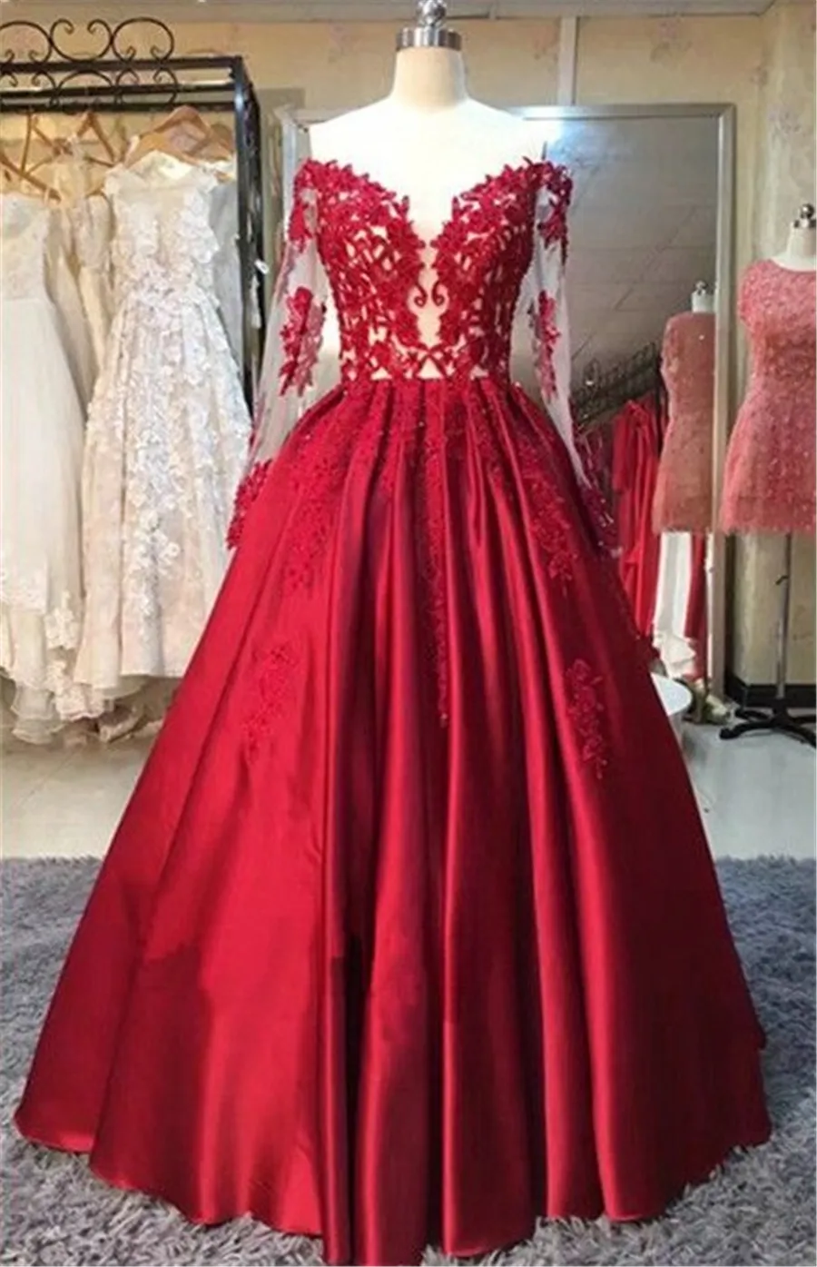 Lace Appliques OfftheShoulder Puffy Red Long Sleeves Prom Dresses See Through Matte Satin Evening Dress vestidos largos de fiest9132513