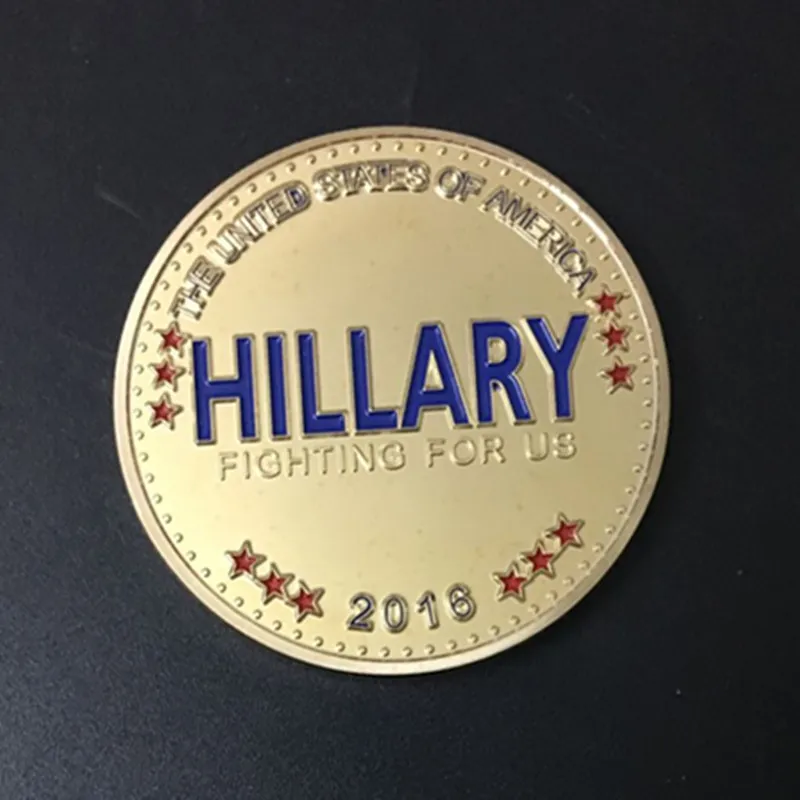 10 piezas Hillary Clinton El candidato de los Estados Unidos 2016 plata y juego de monedas de metal de recuerdo chapado en oro real de 24K