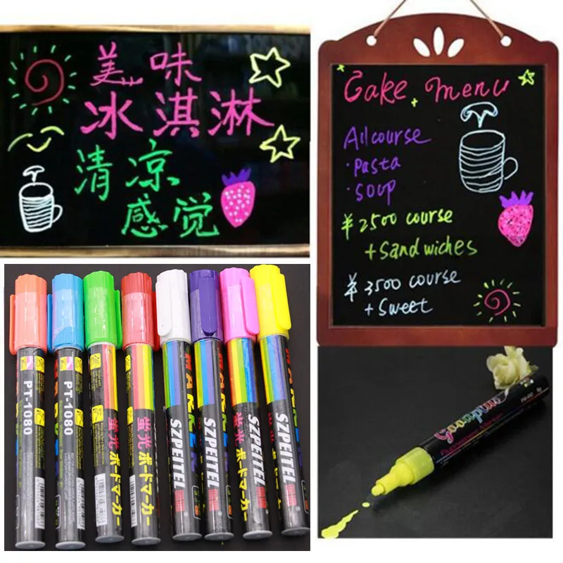 En gros - 8pcs Couleur lumineuse Highlighter Fluorescent Liquid Chalk Marker Neon Pen LED Wordpad 6 mm