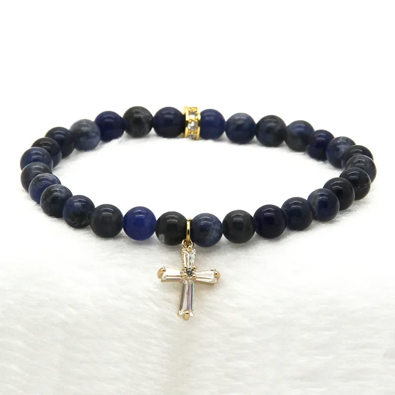 Wholesale New Summer Bracelests 6mm Natural Blue Veins Stone with Clear Zircons Loyal Cross Cz Beads Bracelets Best Gift