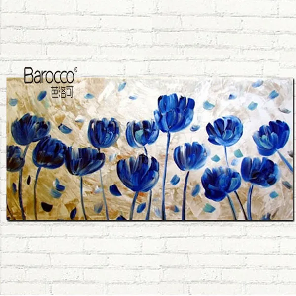 Dipinto a mano al 100% con bellissimi fiori blu, dipinto ad olio su tela, quadri moderni in stile semplice, per la decorazione domestica