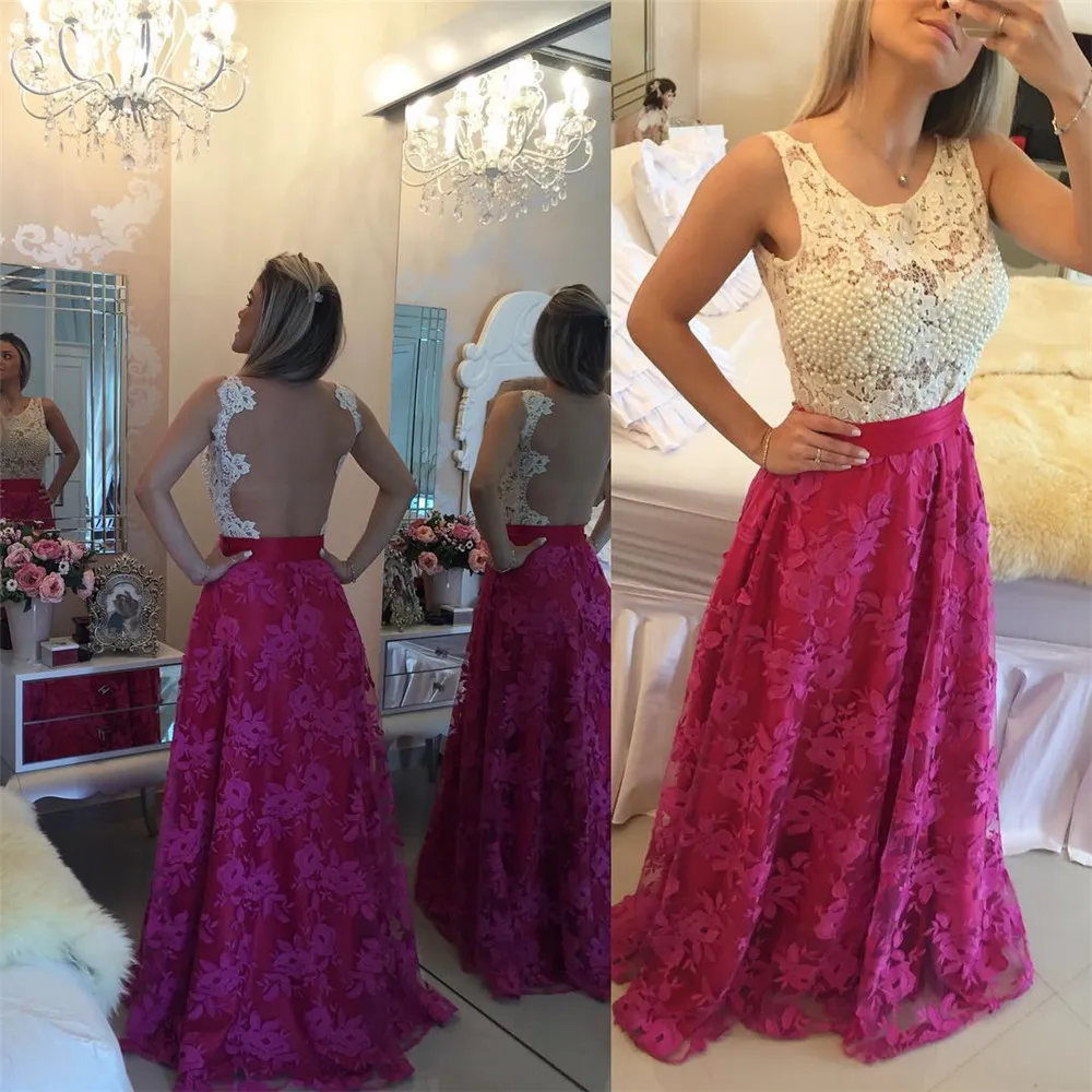 Glamorous Sleeveless Lace Pearls Prom Dresses 2019 Long Party Gowns Two Stones Chiffon A-line Evening Dress vestido de gala largo