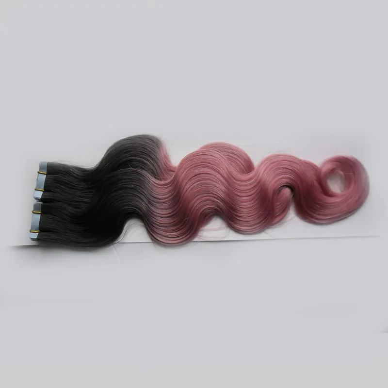 Rey Ombre Human Hair Tape in Hair Extensions Body Wave 100g # 1b / Pink Ombre Tape in Human Hair Extensions