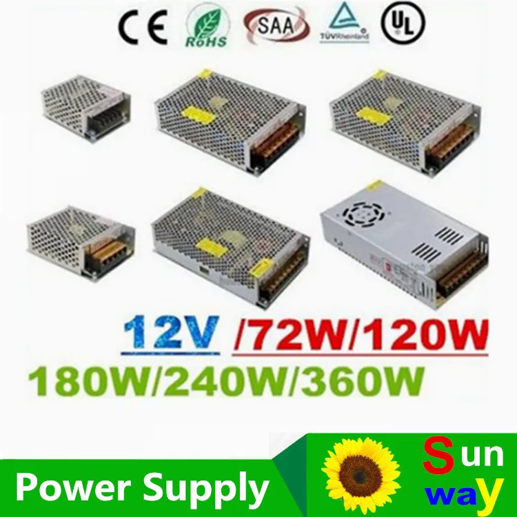 Ce RoHS + 12V 6A 10A 15A 20A 25A 30A LED-transformator 70W 120W 360W Strömförsörjning för LED-moduler