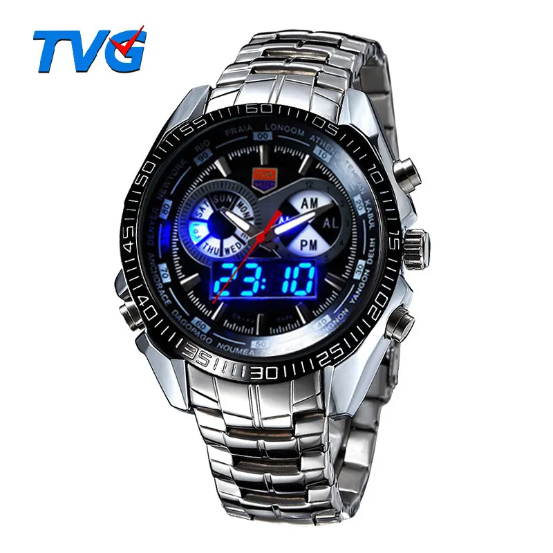 TVG Luxury Mäns Sport Klockor Mode Klocka Rostfritt Stål Klocka Led Digtal Klockor Män 30am Vattentät Armbandsur Relogio Masculino