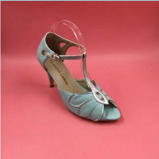 Real Vintage Mint Wedding Shoes Wedding Pumps Mimosa T-Straps Buckle Closure Leather Party Dance 3.5" High Heels Women Sandals Short Wedding