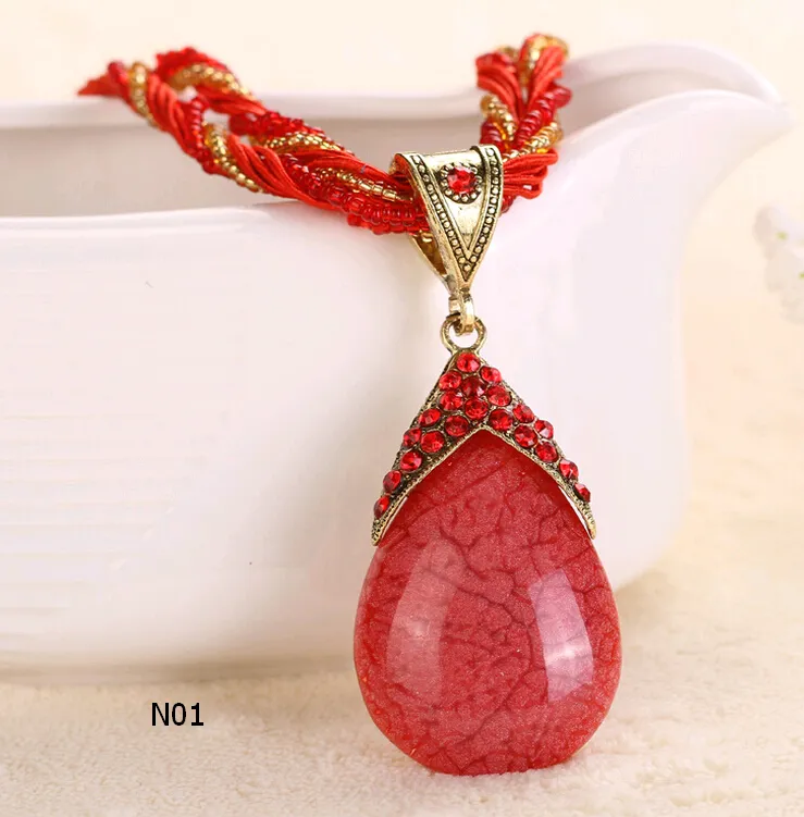 Chinese National Style Jewelry Teardrop Pendant Necklaces With CZech Diamond Rhinestone Bead and Rope Chain 