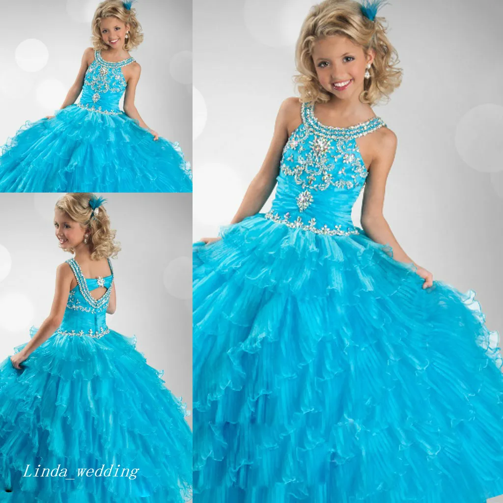 Cute Blue Girl's Pagewant Dress Princess Zroszony Ruffles Party Cupcake Prom Dress na krótkiej dziewczyny ładna sukienka dla małych dzieciaków