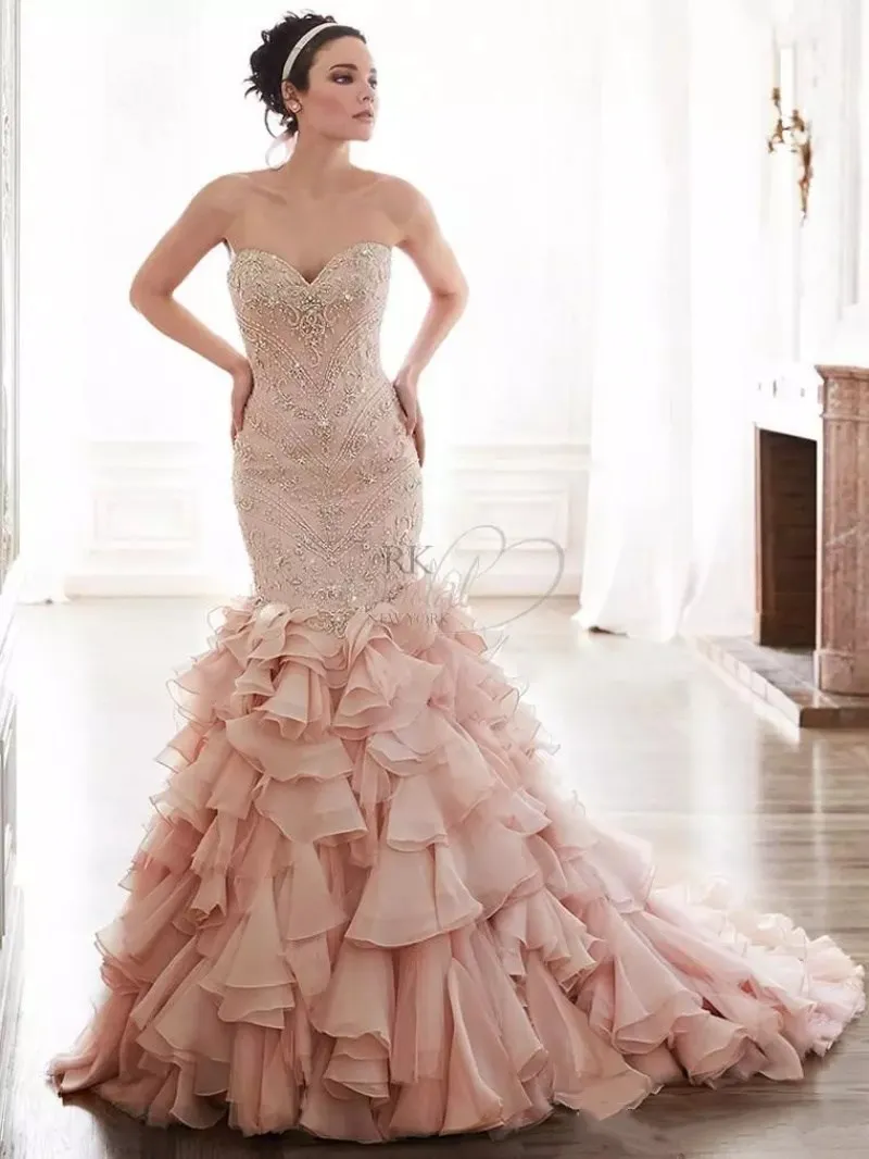 Luxury Mermaid Wedding Dress Blush Pink Sweetheart Neck Crystal Beads Custom Made Ruffles High Quality Wedding Dresses