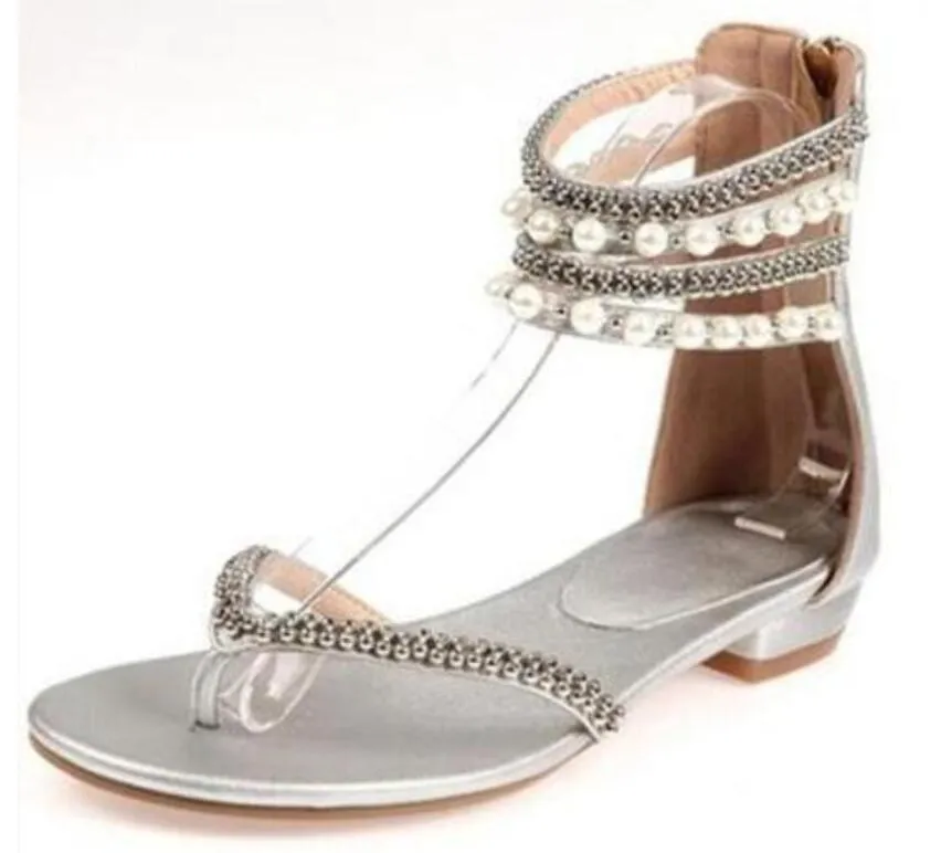 2017 femmes sandales blanc perle goujon appartements chaussures de plage décontractées perles mode goujon chaussures tongs grande taille 43