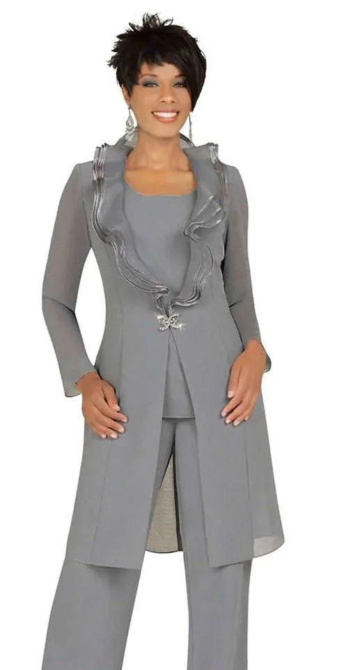 Fashion Silver Gray Mother of the Bride Gowns Pant Suits with Long Jacket Unique Neckline One Button Tunic Trousers Evening Outfits