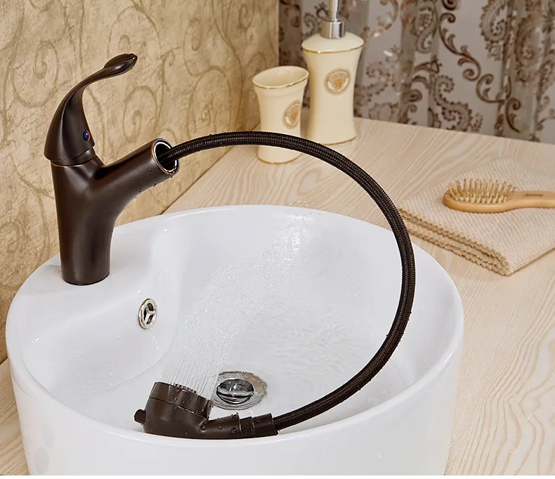 Amerikanischen Standard Öl-geriebenen Bronze Auszieh- / Pull-Down-Waschbecken Wasserhahn mit einzigen Griff ein Loch und Keramik-Ventil