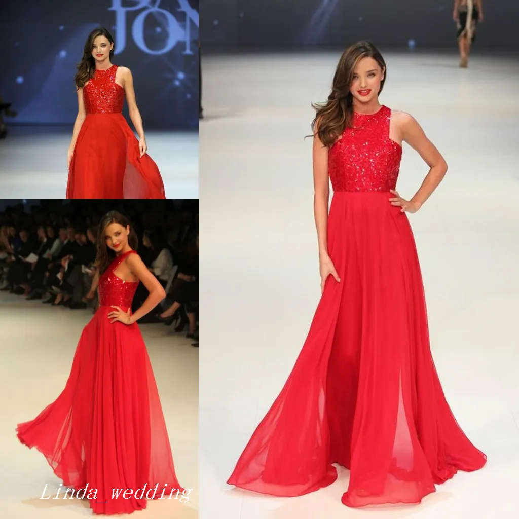 Moda Miranda Kerr Runway Red lantejoulas Chiffon vestido de noite longo Prom Dres celebridade vestido formal vestido de festa