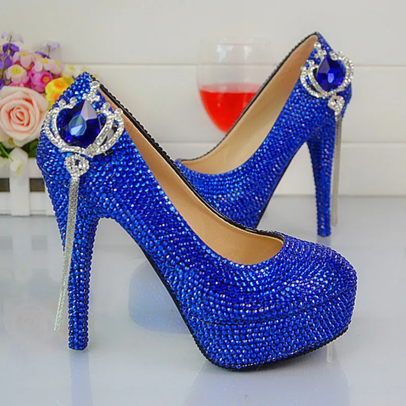 Handmade Fashion Royal Blue Rhinestone Wedding Shoes Round Toe Slip-on High Heel Stilettos Prom Party Pumps Plus Size 44 45