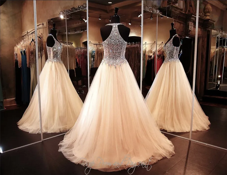 Champagne Ball Gown-Crystals V-neck Prom Dress See Through Pageant Dresses Soft Tulle New Arrival Evening Gown