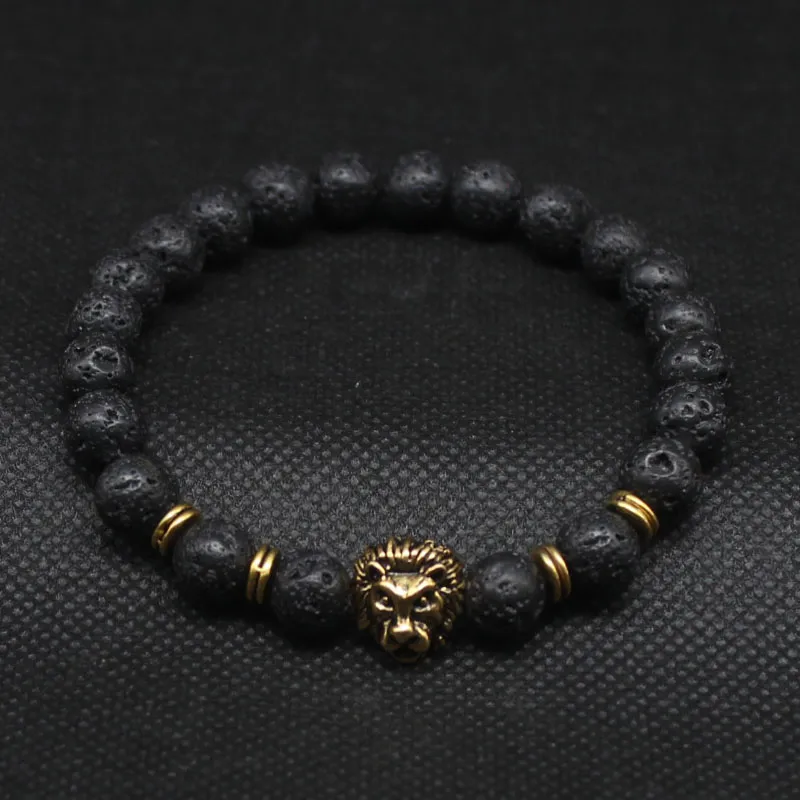 Wholesale Lion Head Beaded Stands Bracelets Jewelry Black Lava Stone Bracelet For Men Women