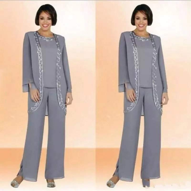 New Modest Chiffon Jewel Long Mother Of The Bride Pant Suits With Long Sleeve Jacket Cheap Embroidery Formal Suits Custom Made