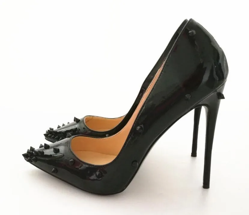 Gerçek fotoğraf patent deri topuklu 12 cm moda bayanlar seksi sivri uçlu perçinler dikenli yüksek topuklu ayakkabılar siyah kadın pompalar