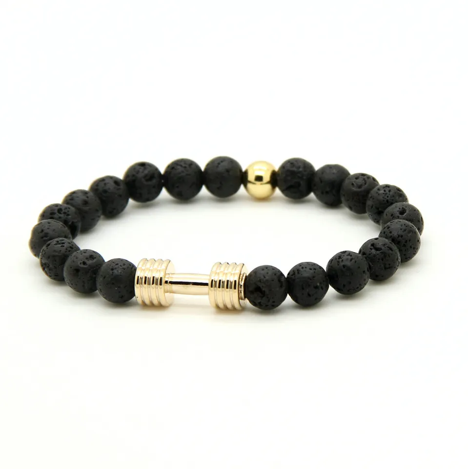 Wholesale Real Gold & Platinum Plated Metal New Barbell 8mm Lava Rock Stone Fitness Fashion Dumbbell Bracelets