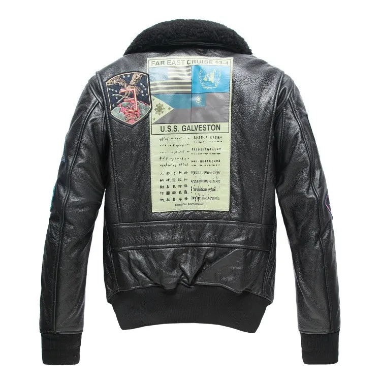 U.S.S. Galveston フライトジャケット Mens Slim Fit Leather Jacket Genuine Cowhide Wool Collar Flight