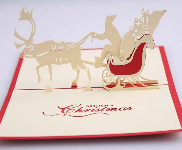 10pcs Santa Sled Deer Handmade Kirigami Origami 3D Pop UP Greeting Cards Invitation Postcard For Birthday Christmas Party Gift