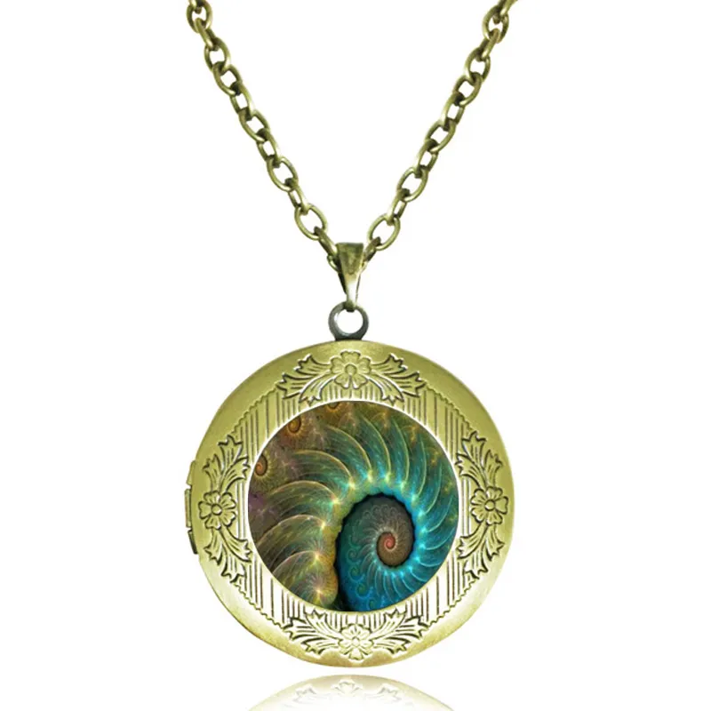 Spirale Médaillon Collier Flourish Swirls Fibonacci Shell Pendentif Géométrie Sacrée Golden Ratio Bijoux Verre Cabochon Antique Médaillons Colliers