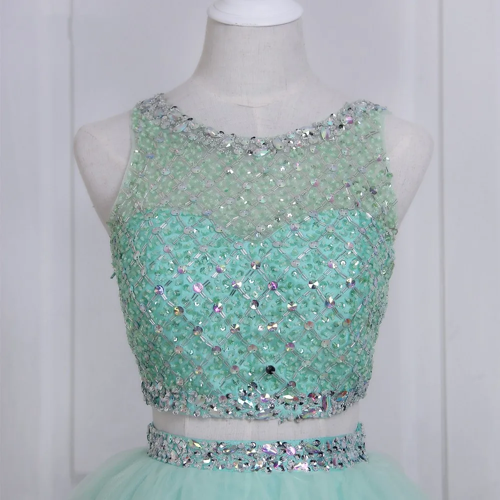 Stunning Mint Ball Gowns Prom Dresses Two Pieces Tulle Luxury Rhinestones Beaded Hollow Back Jewel Sheer Neck Long Party Evening Dress Gowns