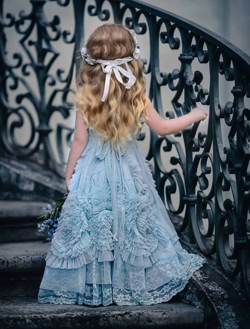 2019 Dollcake Flower Girl Sukienki na Wesela Potargane Dzieci Pagewne Suknie Kwiaty Długość Piętro Koronki Party Communion Dress