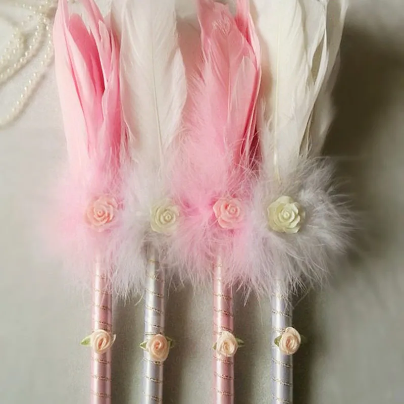 Joli mariage autruche blanc/rose plume longue plume livre d'or stylo de signature avec tampon doré bébé spectacle Casamento stylos fournitures de fête ZA1285