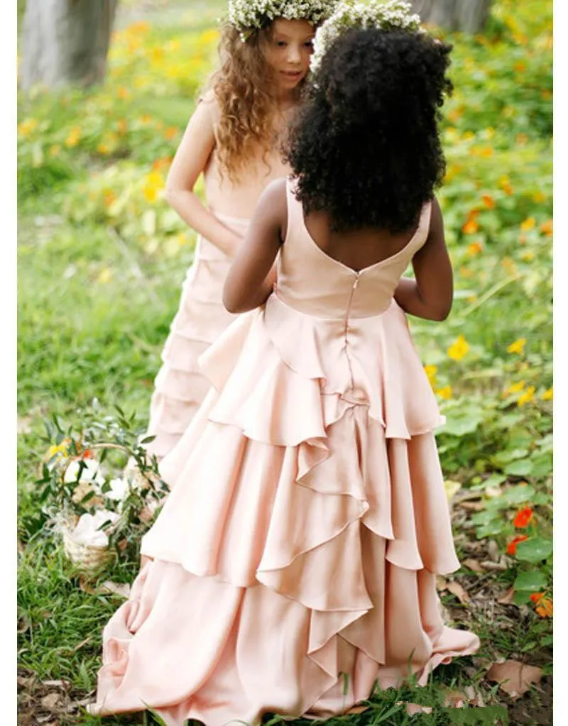 2021 Pretty Blush Pink Flower Girl Dresses Chiffon Girls Pagant Gown Communion för Bröllop Formell Party QC94